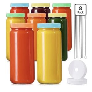 8 Pack 16oz Glass Juice Bottles Jar Cups w/ Lids Straws Brush Smoothie Tea